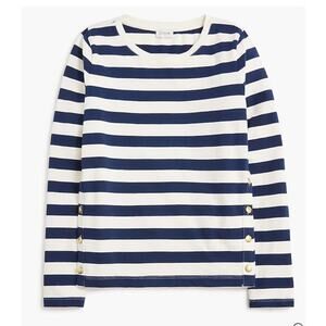 J. Crew Mariner Stripe Shirt Navy White Boatneck Gold Button Long Sleeve Size S